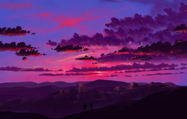 Twilight, sky, landscape, sunset, art, mountains, clouds, artist