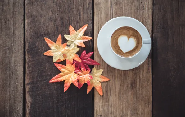 Картинка осень, листья, любовь, сердце, кофе, чашка, love, heart