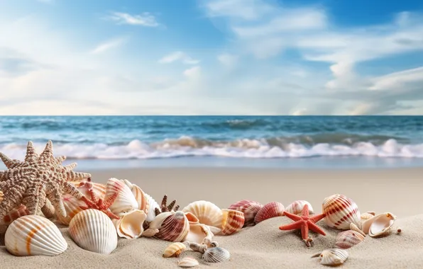 Картинка песок, море, пляж, лето, небо, берег, ракушки, summer