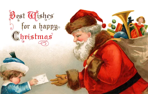 Картинка письмо, игрушки, мальчик, Санта Клаус, мешок, Дед Мороз, открытка