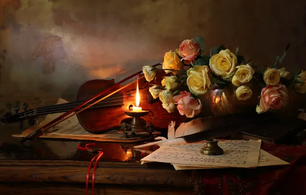 Цветы, стиль, ноты, перо, скрипка, розы, свеча