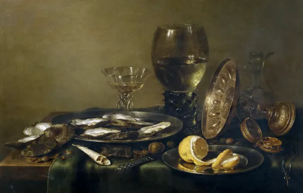 Картина, Виллем Клас Хеда, Натюрморт с Серебряной Посудой и Устрицами