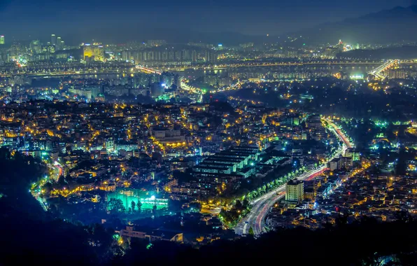 Огни, панорама, небоскрёбы, Сеул, Южная Корея