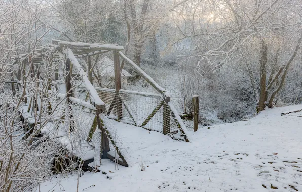 Картинка зима, снег, деревья, мост, white, landscape, winter, snow