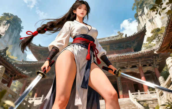 Картинка girl, sword, fantasy, brunette, AI art