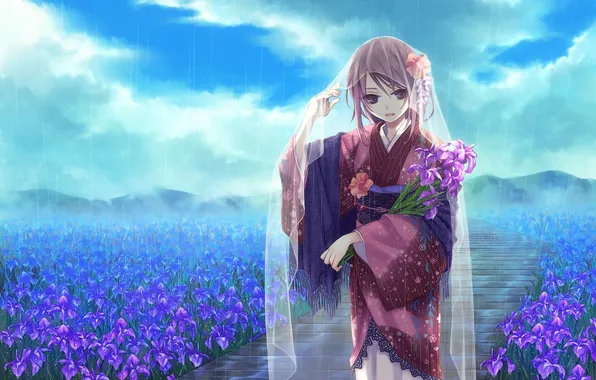 Картинка поле, девушка, цветы, дождь, букет, арт, кимоно, накидка