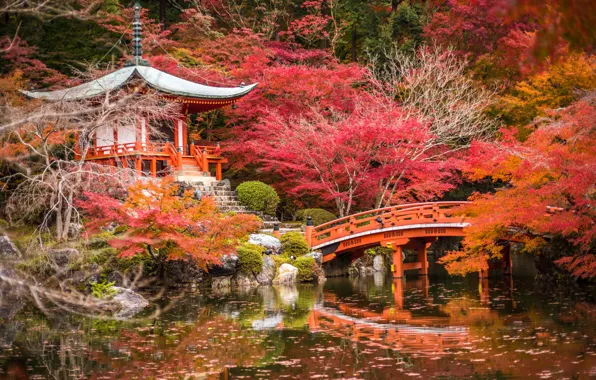 Картинка осень, деревья, пруд, парк, камни, Япония, пагода, мостик