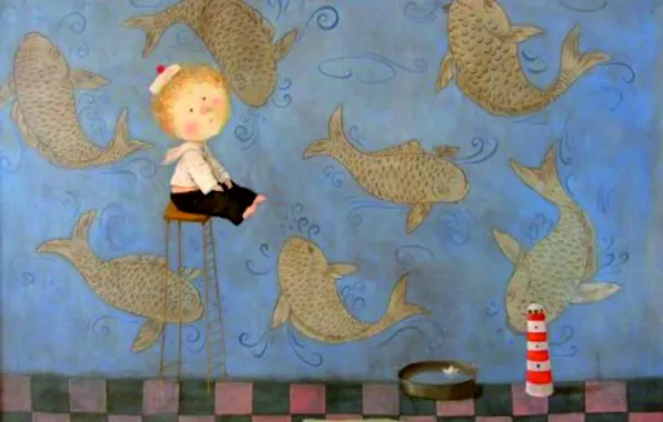 Картинка рыбы, мальчик, миска, Евгения Гапчинская, Маленькие чуда