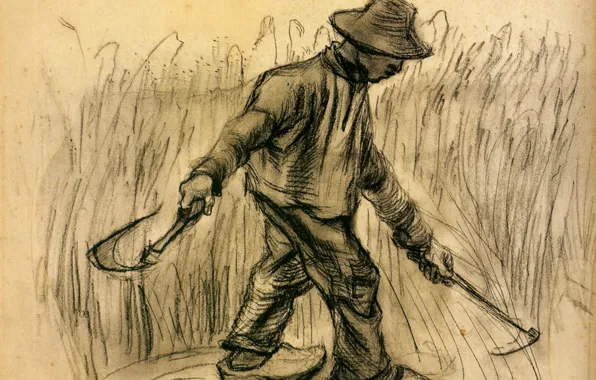 Картинка серп, Vincent van Gogh, Reaper, рабочий в шляпе