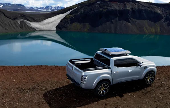 Картинка снег, серебристый, Renault, пикап, водоём, 2015, Alaskan Concept