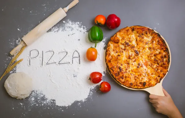Рука, сыр, овощи, пицца, выпечка, pizza, мука, тесто