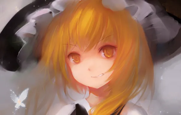 Лицо, бабочка, желтые глаза, чёлка, шляпа ведьмы, ведьмочка, Touhou Project, Marisa Kirisame