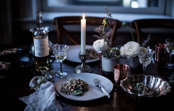 Wine, food, candle, pasta, spaghetti