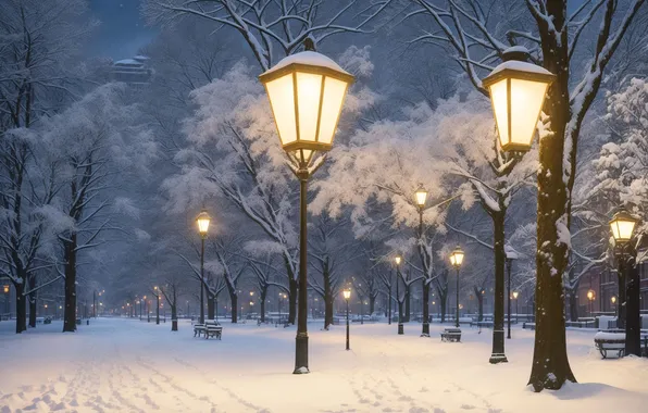 Картинка зима, снег, ночь, парк, улица, фонари, night, park