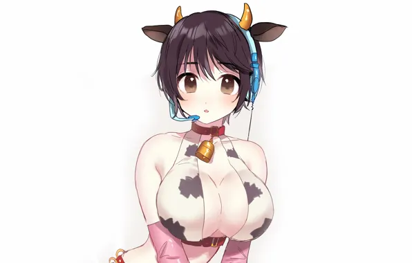Girl, sexy, cleavage, brown eyes, boobs, animal ears, anime, beautiful
