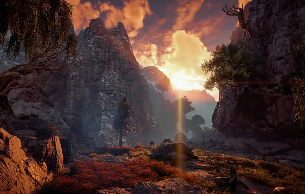 Небо, деревья, пейзаж, горы, луч солнца, Horizon Zero Dawn