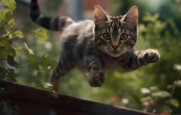 Кошка, лето, взгляд, ветки, природа, поза, котенок, серый