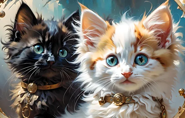 Кошка, взгляд, кошки, котенок, котята, мордашка, парочка, ИИ-арт