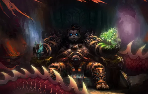 Картинка магия, драконы, арт, панда, World of Warcraft, трон, Mists of Pandaria