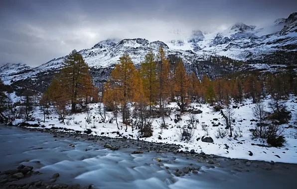 Картинка осень, снег, река