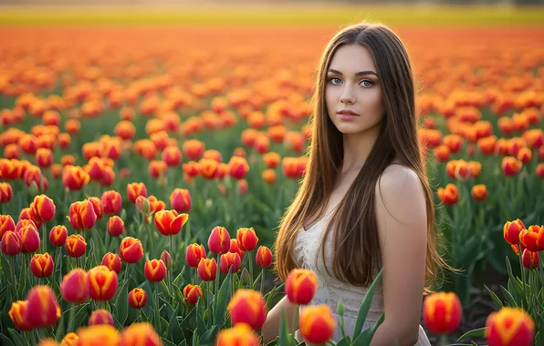 Взгляд, девушка, цветы, весна, тюльпаны, красные, шатенка, прогулка