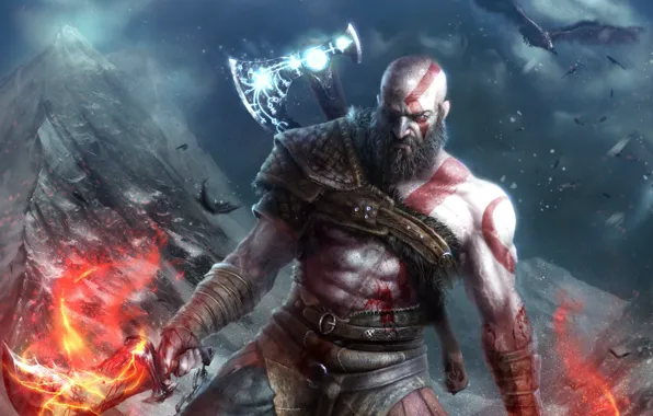 Картинка взгляд, оружие, птица, игра, арт, борода, топор, Kratos