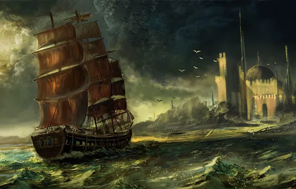 Картинка море, город, корабль, парусник, арт, купол, Waqas Mallick