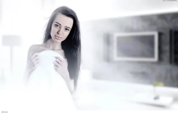 Взгляд, девушка, нежность, интерьер, губы, простыня, соблазн, photographer