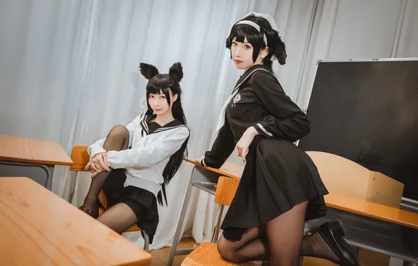 Beautiful, Asian, Model, Women, Chair, Desk, Pretty, Uniform