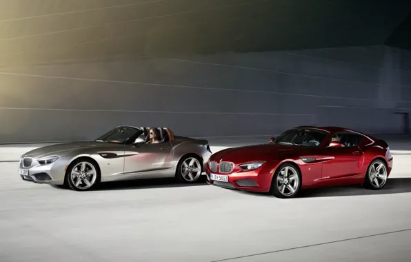 Красный, фон, Roadster, серебристый, BMW, БМВ, Coupe, передок