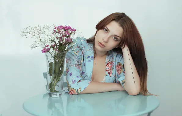 Взгляд, девушка, лицо, волосы, столик