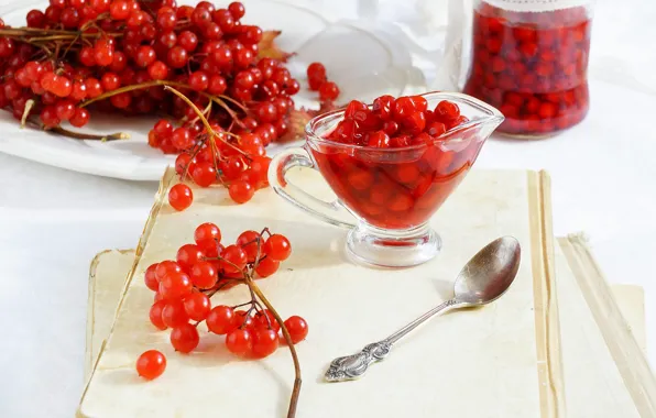 Ягоды, стол, плоды, ложка, банка, кувшин, гроздья, веточки