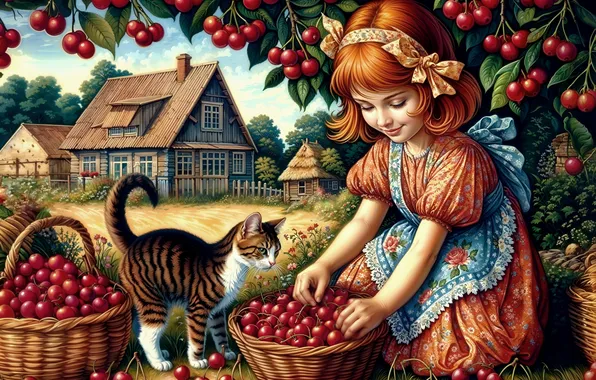 Кошка, кот, вишня, котенок, дерево, сад, деревня, урожай