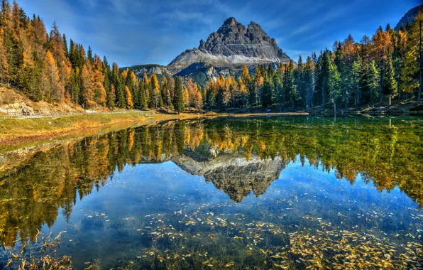 Осень, лес, горы, озеро, отражение, Италия, Italy, Доломитовые Альпы
