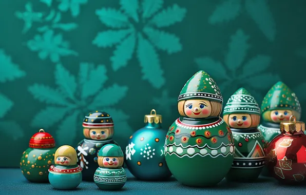 Шарики, игрушки, Рождество, Новый год, фигурки, зеленый фон, ёлочные игрушки, ИИ-арт
