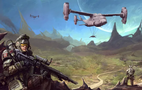 Automatic, soldier, mountains, helicopter, warrior, helmet, equipment, Sci FI