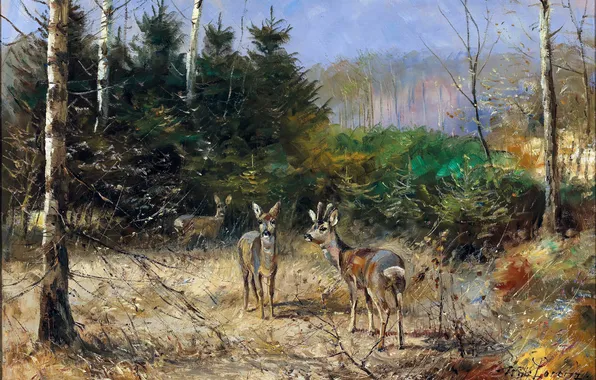 Трава, Деревья, Картина, Олени, Трое, Немецкий художник, Wilhelm Lorenz, Вильгельм Лоренц
