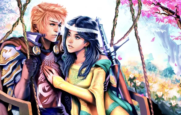 Девушка, деревья, качели, меч, арт, парень