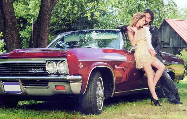 Деревья, дом, Chevrolet, шевроле, красная, 1964, Impala, импала