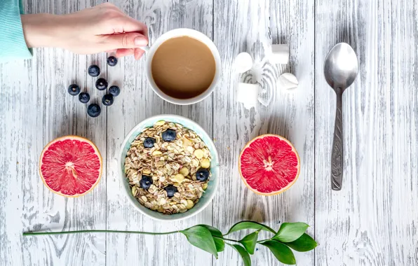 Картинка ягоды, завтрак, черника, wood, грейпфрут, coffee cup, какао, breakfast