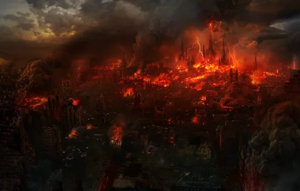 Картинка город, фантастика, огонь, апокалипсис, молнии, руины, конец света