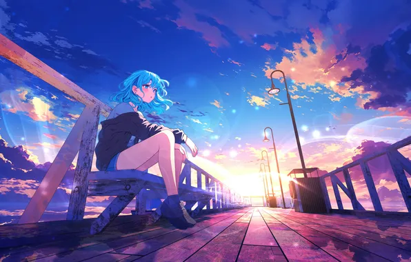 Девушка, аниме, girl, голубые волосы, anime, солнечный свет, sunlight, anime girls