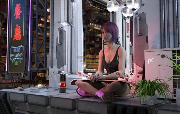 Asian, jean, women, digital art, skateboard, sitting, boots, purple hair