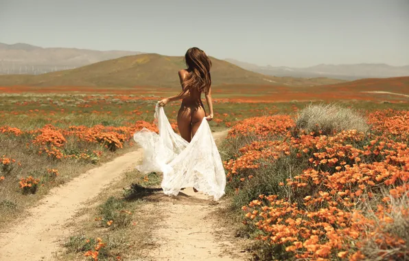 Ass, field, nature, model, women, nude, brunette, hips