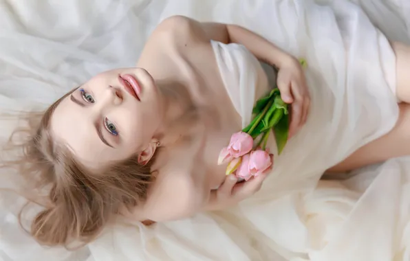 Девушка, flowers, beautiful, model, blonde, in bed, makeup, Леонид Мочульский