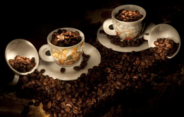Кофе, чашки, кофейные зёрна