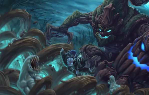 Монстр, битва, League Of Legends, Yorick, Maokai