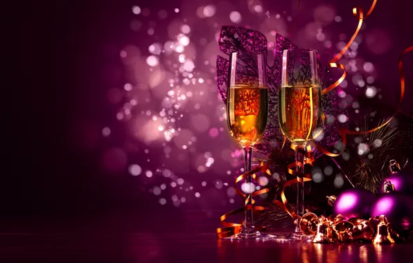 Картинка праздник, шары, обои, бокалы, Новый год, елочные украшения, New Year, 2014