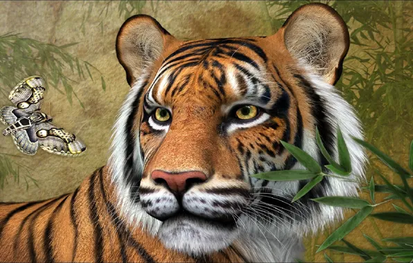 Тигр, бабочка, живопись, tiger, butterfly, painting, rendering, Picture