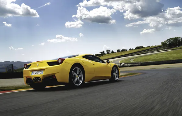 Картинка небо, облака, Авто, Желтый, Машина, Феррари, Ferrari, 458